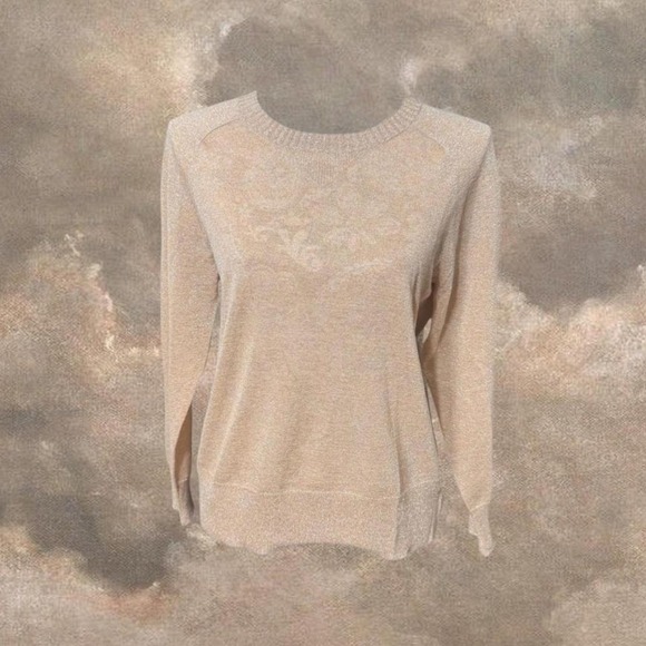 J. Crew Gold Metallic Knit Sweater Women's Medium – Shimmer Long Sleeve Pullover - Picture 2 of 7